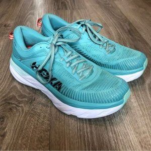Hoka Bondi 7 Running Shoes Womens 9.5 Wide Teal White Lace Up Athletic Comfort